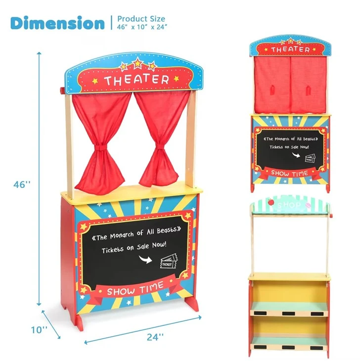 Wooden Puppet Theater Stand With 2 Hand Puppets Chalkboard/ Sturdy Wooden Construction
